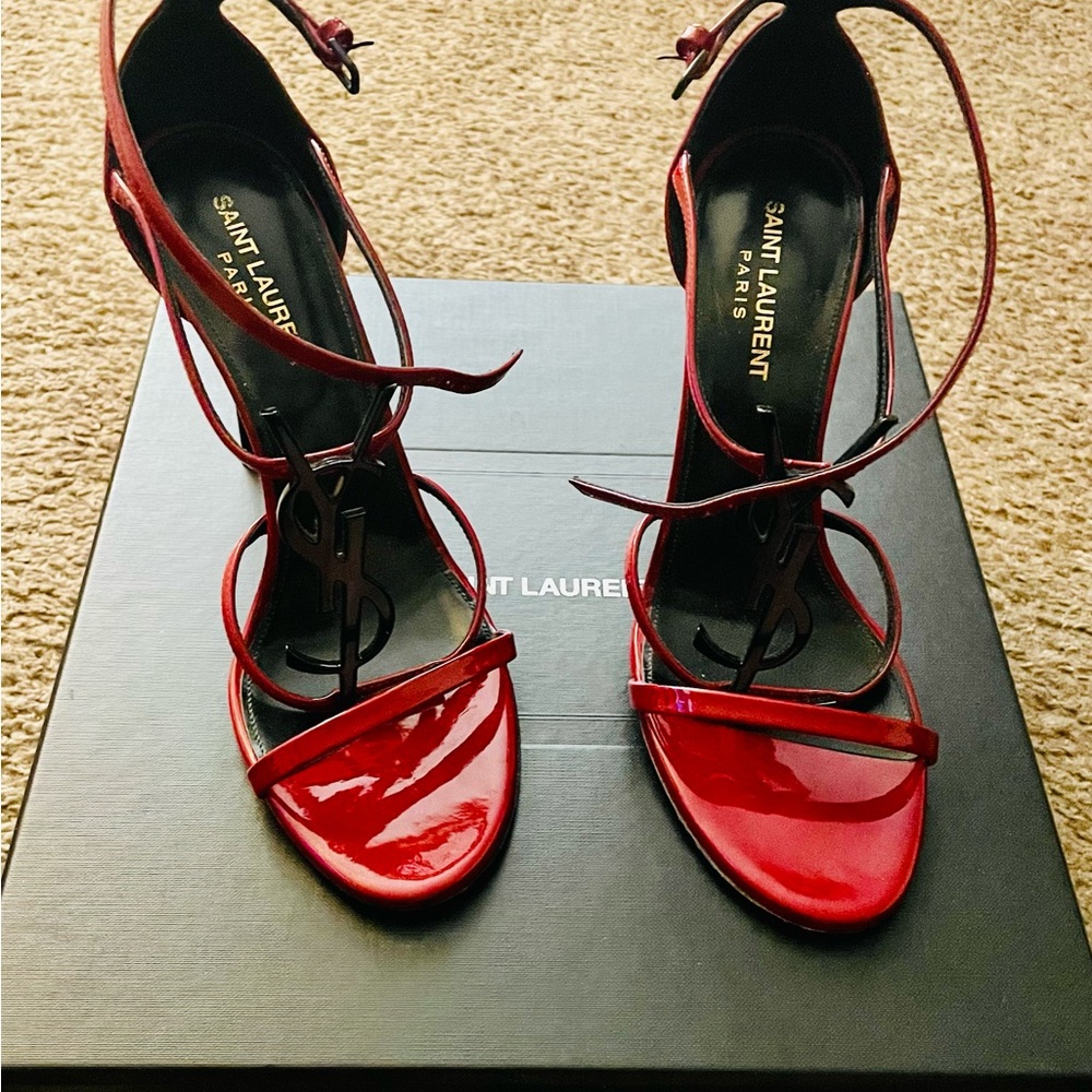 Yves Saint Laurent Red Patent Leather Strappy Heels - Picture 16 of 16
